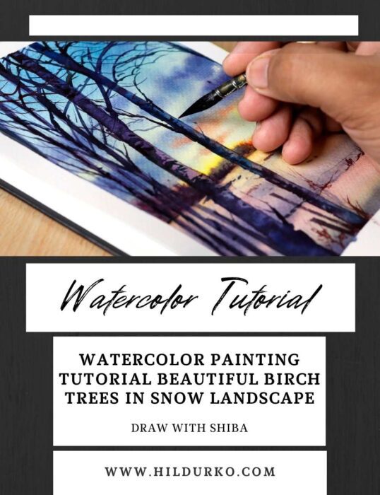 Beautiful Birch Trees in Snow Landscape in Watercolor #1623