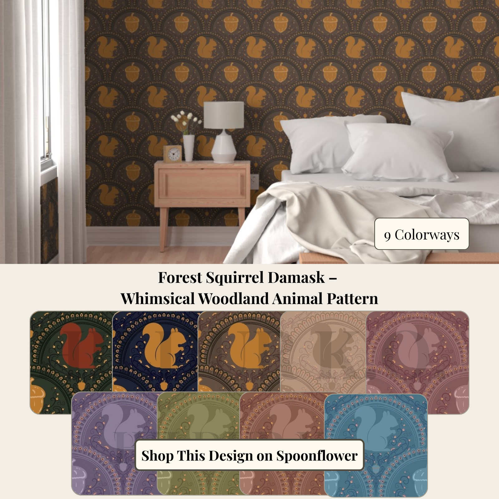 Forest Squirrel Damask – Whimsical Woodland Animal Pattern By HildurKO